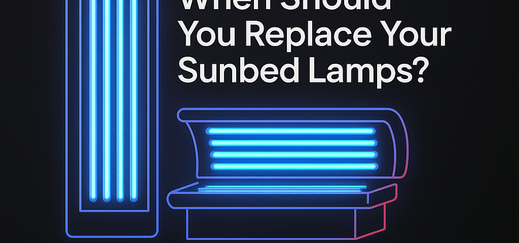 Infographic showing when to replace sunbed lamps – 500–800h lifespan, 0.3W/m² compliant, even tanning results, replace full set with exceptions – Best Sunbeds Ltd