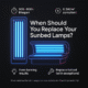 Infographic showing when to replace sunbed lamps – 500–800h lifespan, 0.3W/m² compliant, even tanning results, replace full set with exceptions – Best Sunbeds Ltd