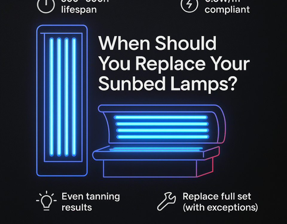 Infographic showing when to replace sunbed lamps – 500–800h lifespan, 0.3W/m² compliant, even tanning results, replace full set with exceptions – Best Sunbeds Ltd